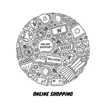 E-commerce shopping doodles in circle. Stock Illustration