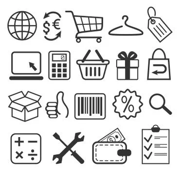 E-commerce Shopping Flat Icons Signs Collection Isolated on Whit Stock Illustration