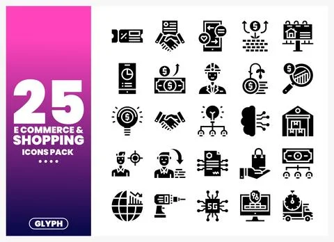 E-commerce shopping icons pack with glyphs on white background. Stock Illustration