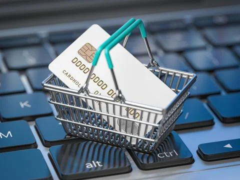 E-commerce, shopping online and internet purchases concept. Shopping basket w Stock-Illustration