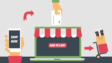 E-commerce Shopping: Online Cart Checkout and Order Delivery Illustration 스톡 동영상 341920004