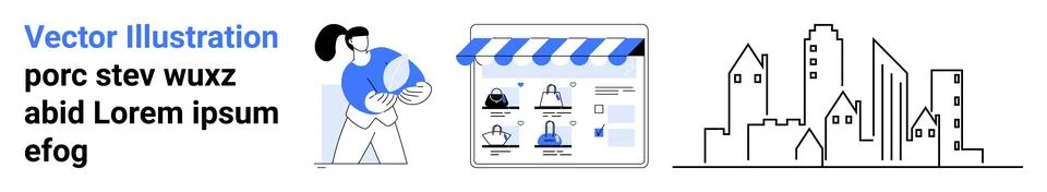 E-commerce Shopping, Website Design, and Urban Development Icons for Online.. Stock Illustration