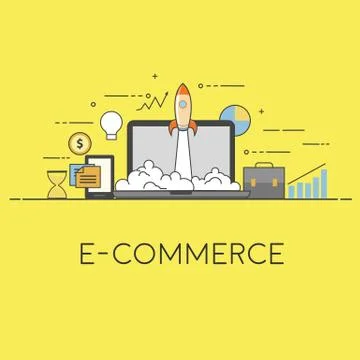 E-commerce startup. Vector illustration with rocket launch and laptop on the Stock Illustration