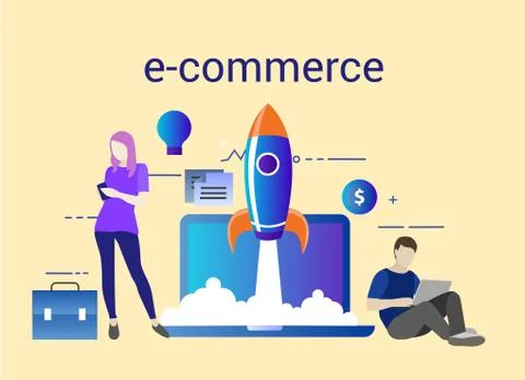 E-commerce startup. Vector illustration with rocket launch and laptop on the Illustrazione stock