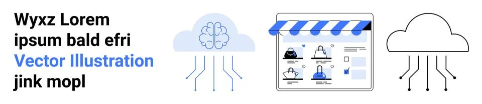 E-commerce Store Connected to Cloud Computing with Brain and Cloud Icons Stock Illustration