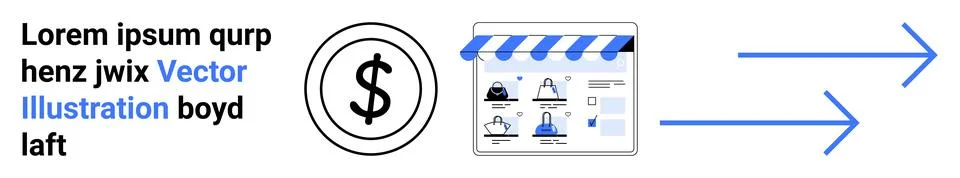 E-commerce store interface with shopping cart, currency symbol, abstract text Ilustração Stock