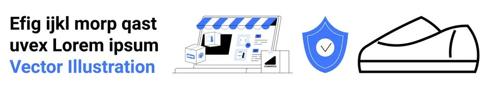 E-commerce Storefront and Security Shield with Shopping Elements 库存插图