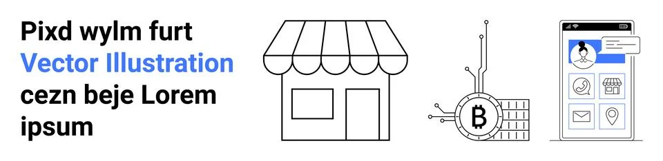 E-commerce Storefront, Bitcoin Technology, and Mobile App User Interface Stock Illustration