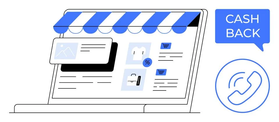 E-commerce Storefront with Cash Back Offer and Customer Support Icon イラスト素材