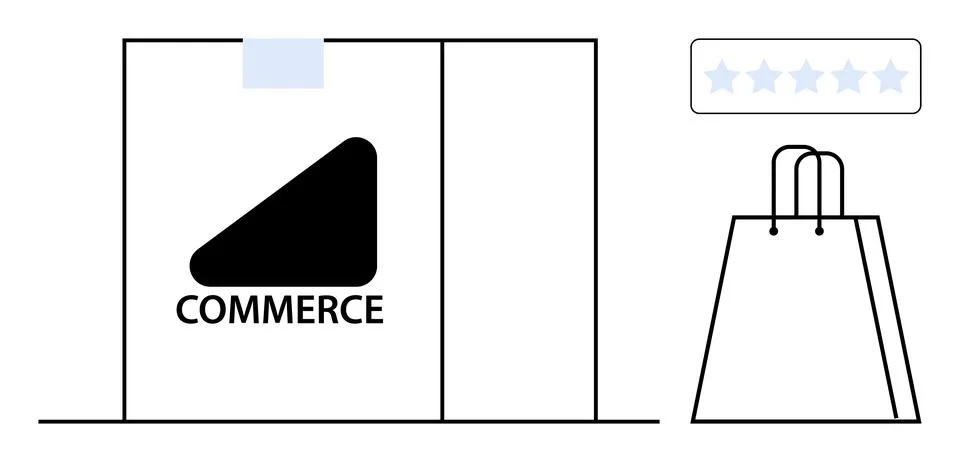 E-commerce storefront featuring Commerce sign, adjacent shopping bag, and fiv Illustration