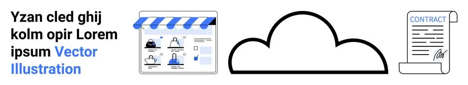 E-commerce storefront with icons, cloud symbol, and contract document. Ideal  스톡 일러스트