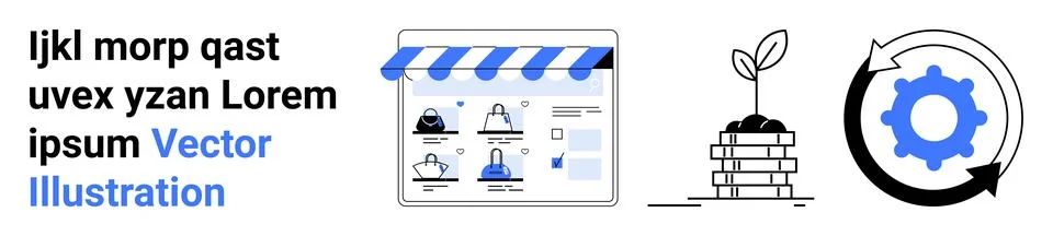 E-commerce storefront with products, sprouting plant on stacked coins, rotati Illustrazione stock