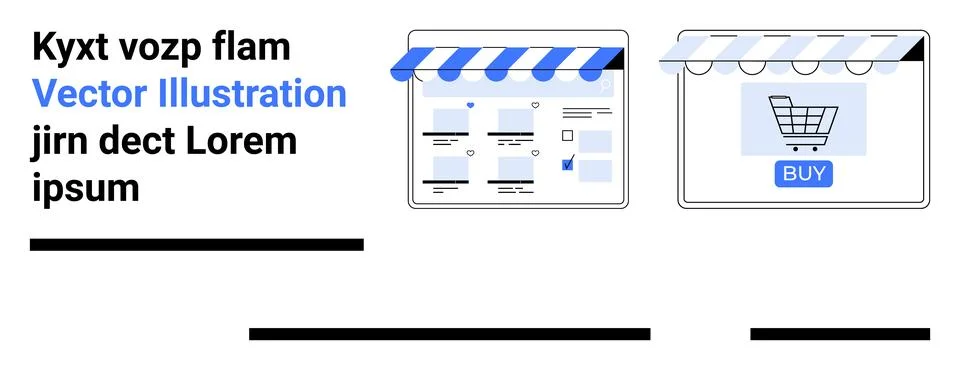 E-commerce Storefront with Website Mockup and Shopping Cart Under Blue Awning Stock Illustration