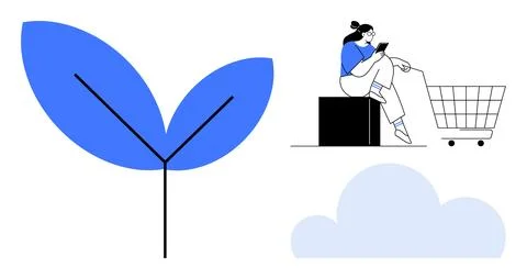 E-commerce, sustainability, digital technology, cloud storage, online shoppin Illustrazione stock