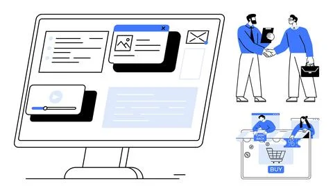 E-commerce, team collaboration, online marketing, digital technology, busines Stock Illustration