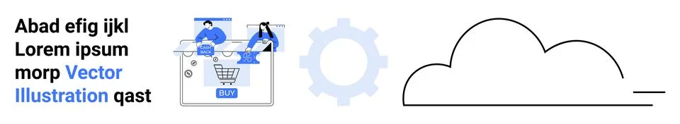 E-commerce team working on a laptop, shopping cart icon, gear, and a cloud ou Ilustração Stock