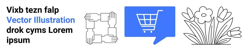 E-commerce, teamwork, communication, floral designs, online shopping, digital Stock Illustration