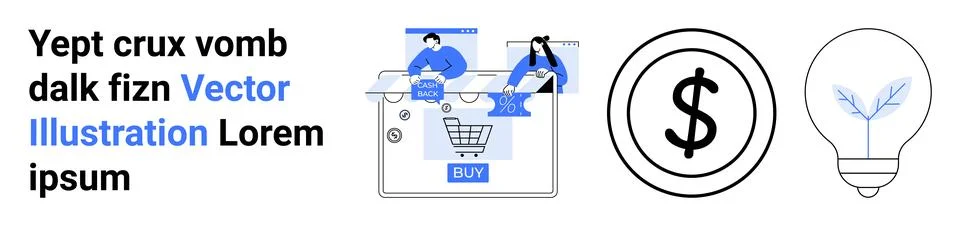 E-commerce teamwork Two people shopping online, dollar sign, light bulb wit.. Stock Illustration