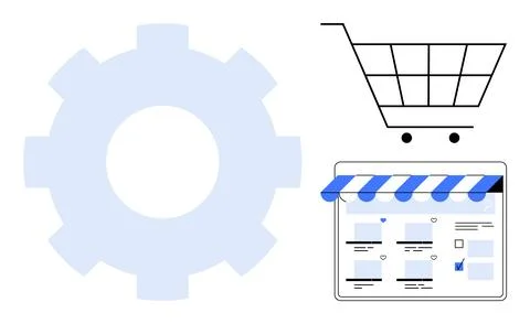 E-commerce Technology Concept with Gear, Shopping Cart, and Online Storefront Stock Illustration