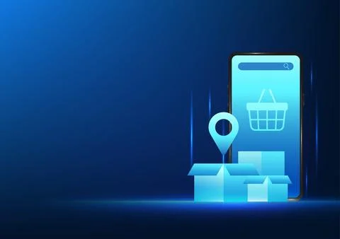 E-commerce technology Mobile phone with a basket and box on the screen Show.. 스톡 일러스트