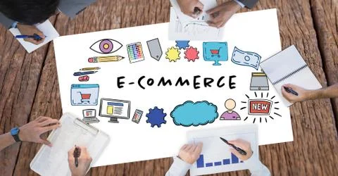 E-commerce text surrounded by graphics and business people's hands Stock Photos