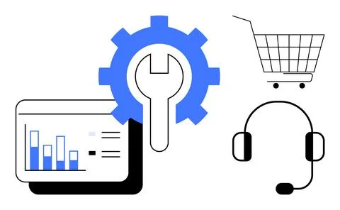 E-commerce Tools and Services with Headset and Shopping Cart Elements Stockillustratie