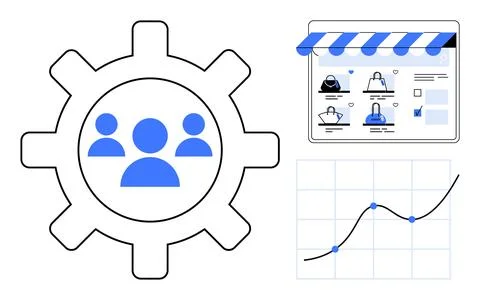 E-commerce tools Gear icon with users, online store interface, and growth cha イラスト素材