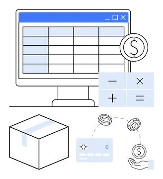 E-commerce transaction and financial management illustrated with shipping b.. Illustrazione stock