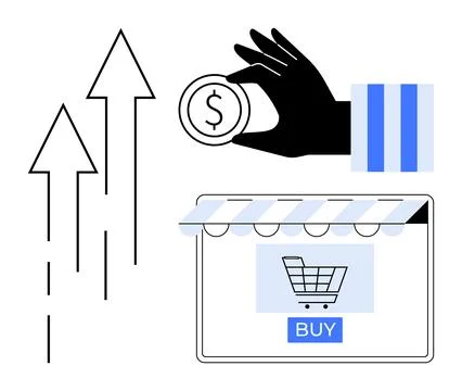 E-commerce transaction with hand holding coin, up arrows, and online store .. Stock Illustration