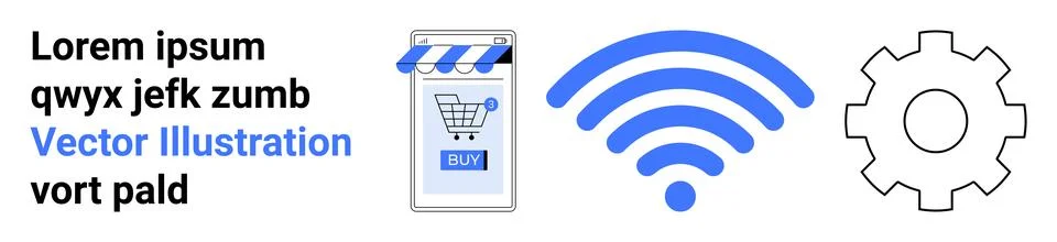 E-commerce Vector Icons Shopfront, wireless Signal, Gear 스톡 일러스트