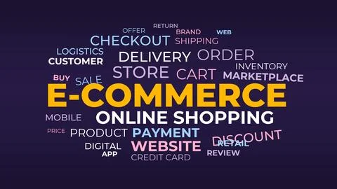 E-Commerce vector illustration word cloud with bouncing drop-in keywords li.. 库存插图