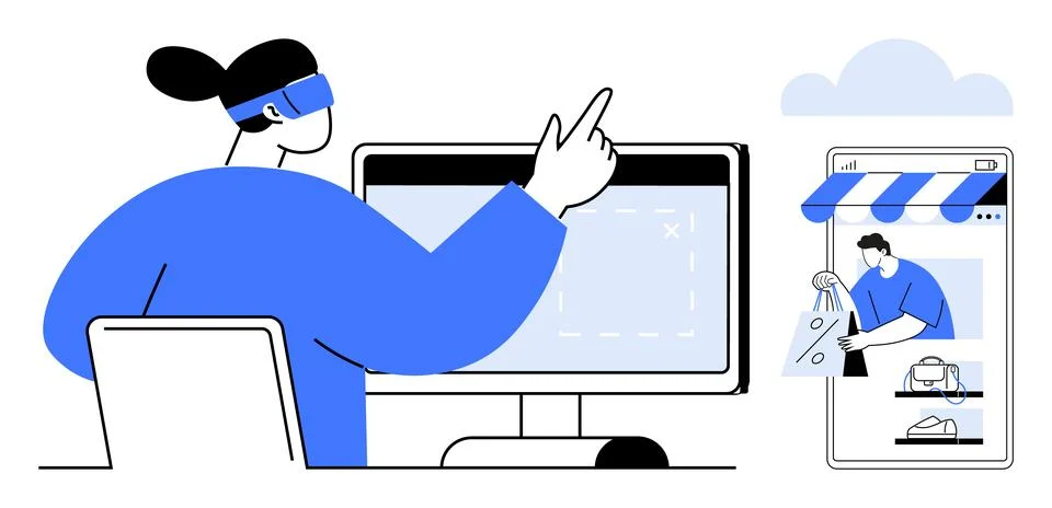 E-commerce, virtual reality, online retail, digital marketplaces, user experi Stock Illustration