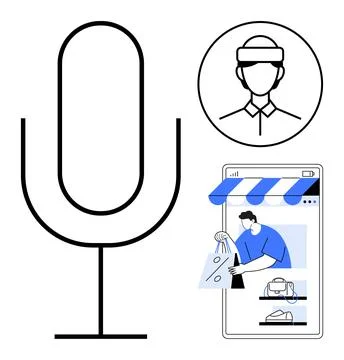 E-commerce, voice control, virtual assistant, online shopping, technology inn 스톡 일러스트