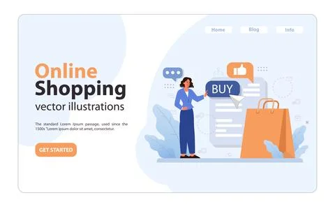 E-commerce web banner or landing page. Female character shopping Stock Illustration