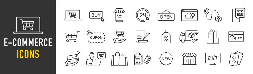 E-commerce web icons in line style. Online shopping, delivery, tracking, cu.. Stock Illustration
