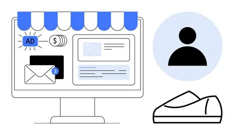 E-commerce Web Interface with Ads, Messages, and User Profile for Shopping .. Ilustração Stock