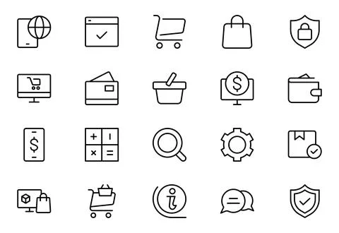 E-Commerce web outline icon set. Online shopping icons for web and mobile a.. Illustrazione stock