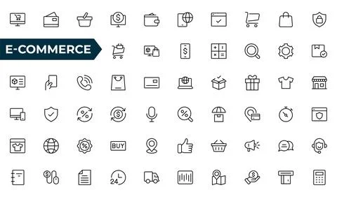 E-Commerce web outline icon set. Online shopping icons for web and mobile a.. Illustrazione stock