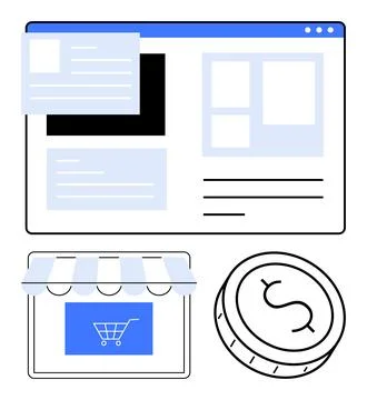 E-commerce web, v11site layout with storefront and dollar coin elements ind.. Stock Illustration