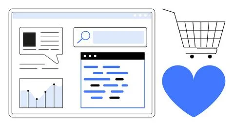 E-commerce Webpage Layout with Shopping Cart, Analytics Graph, and Search Bar イラスト素材