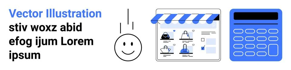 E-commerce webpage with multiple user profiles, happy face emoticon, and calc Stock Illustration