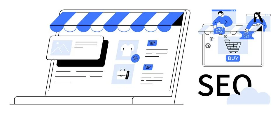 E-commerce website and SEO optimization with online shopping elements for d.. Stock Illustration