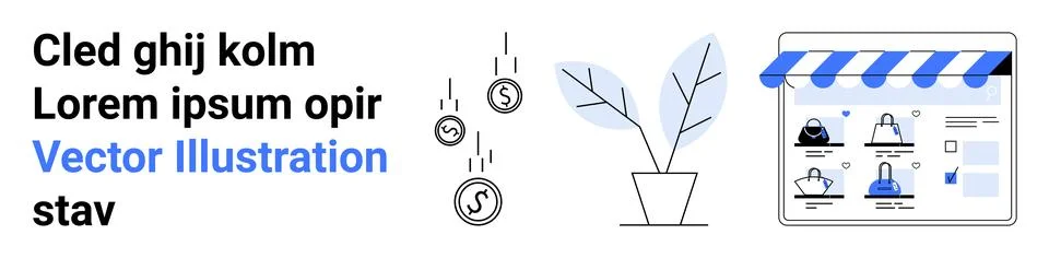 E-commerce Website with Currency Drops and Plant Pot, Featuring Product Lis.. Stock Illustration