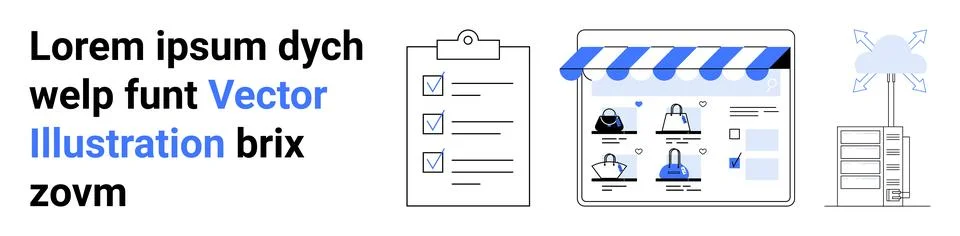 E-commerce Website Design with Checklist and Storefront Elements for Online.. Illustrazione stock