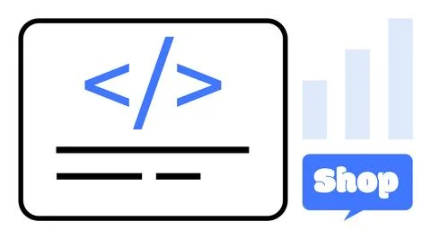 E-commerce Website Development Concept with Code Symbol and Analytics Chart Stock Illustration