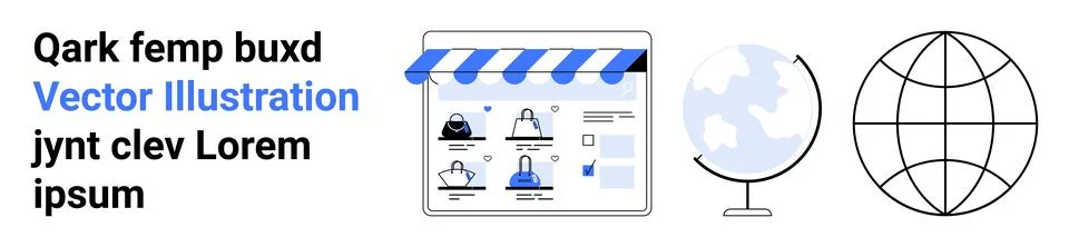 E-commerce website on device screen, shopping items displayed, globe illustra Stock Illustration