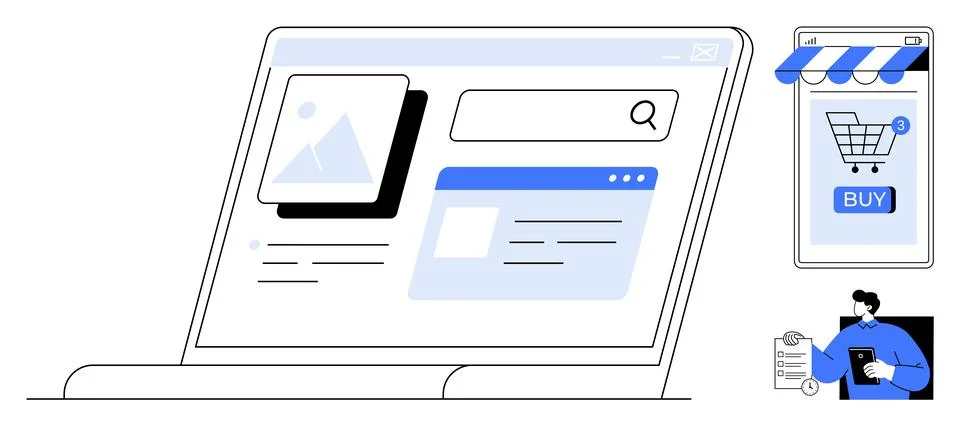 E-Commerce Website Elements with Mobile and Online Shopping Concept Stock Illustration