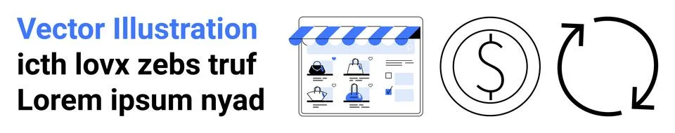 E-commerce website interface featuring various products, dollar symbol, and r 스톡 일러스트