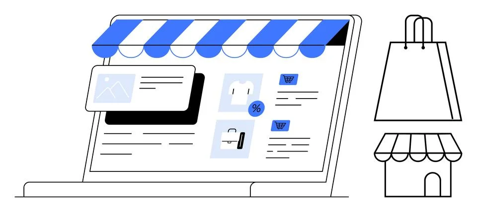 E-commerce website interface on laptop with shopping bag and storefront eleme Stock Illustration