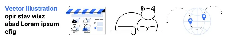 E-commerce website interface, a minimalist cat design, and a globular structu イラスト素材